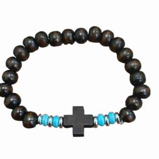 Βραχιόλι με Ξύλινo Σταυρό και Τυρκουάζ – Χειροποίητο