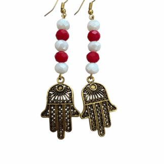 Σκουλαρίκια Χάμσα με Κόκκινες και Λευκές Χάντρες - Χειροποίητο