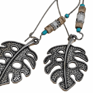 Boho σκουλαρίκια Φύλλο Τροπικό με ξύλο και τιρκουάζ χάντρες