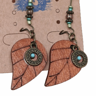 Ξύλινα Σκουλαρίκια με Φύλλο και Τιρκουάζ