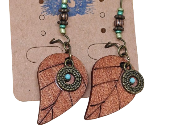 Ξύλινα Σκουλαρίκια με Φύλλο και Τιρκουάζ