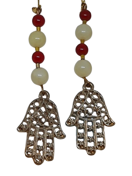 Σκουλαρίκια Χέρι Φατμά με Καρνεόλη και Κίτρινο Αχάτη – Χειροποίητο