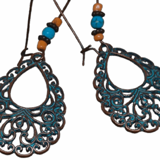 Χάλκινα Οξειδωμένα Σκουλαρίκια Δάκρυ με Δαντέλα και Χάντρες