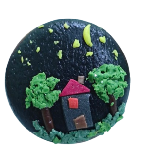 Δαχτυλίδι πολυμερικού πηλού με τρισδιάστατο νυχτερινό τοπίο, σπίτι, δέντρα και φεγγάρι.