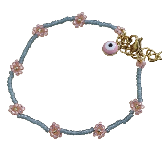 Miyuki flower branch bracelet με ροζ λουλούδια και γκρι beads