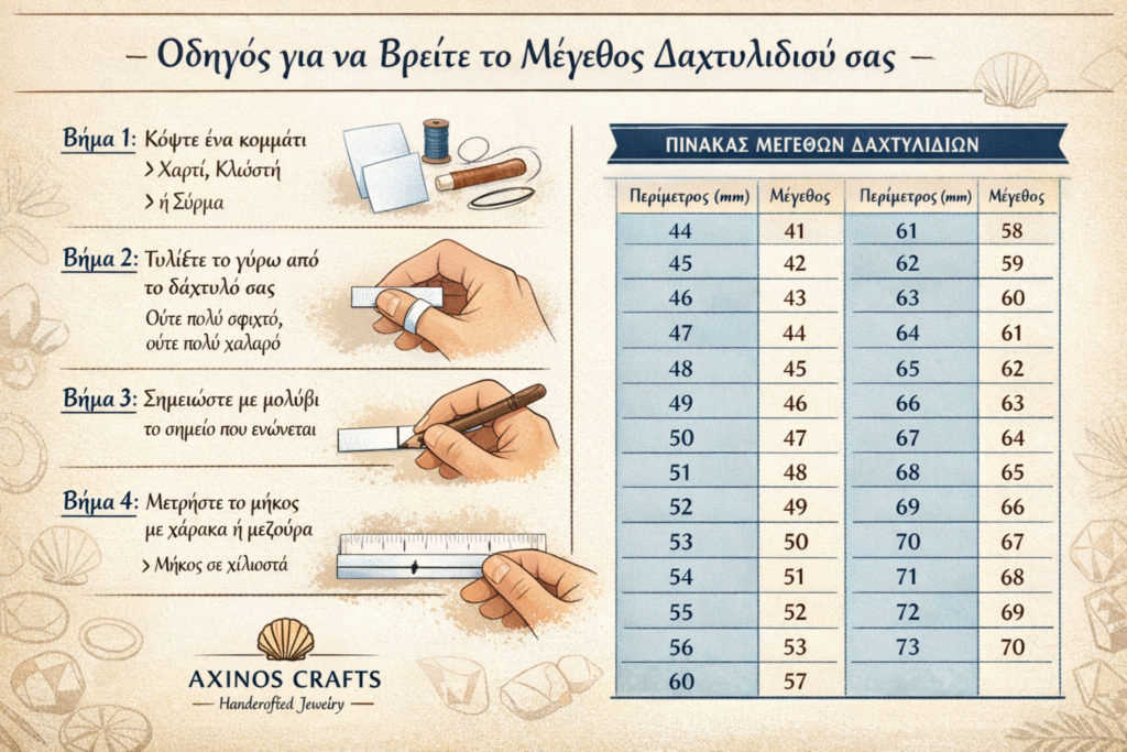 πίνακας μεγεθών δαχτυλιδιών και οδηγός μέτρησης δαχτύλου